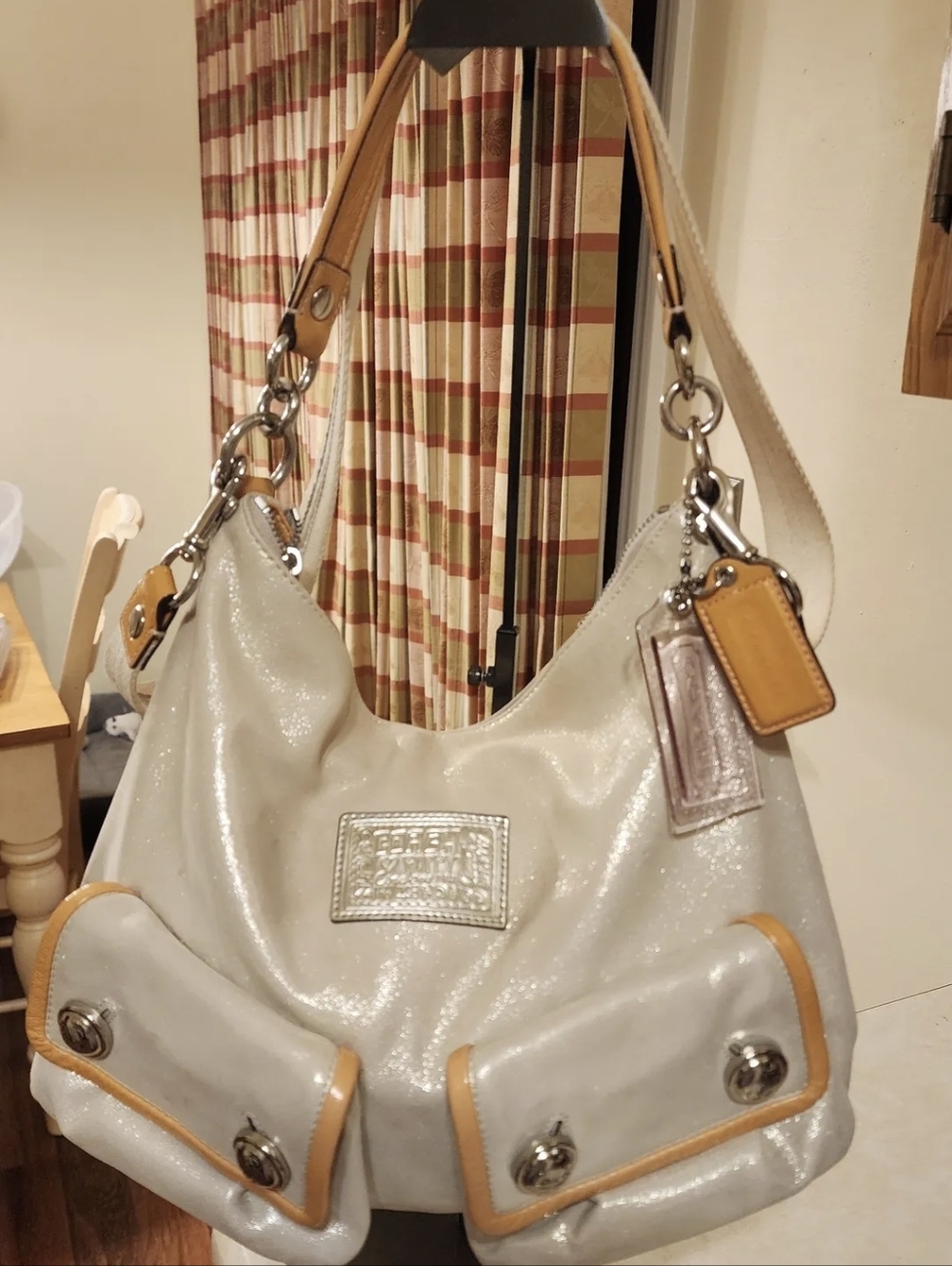 Coach Poppy White Gold Silver Shimmer LIMITED Cream Shoulder Hobo with Tan Trim